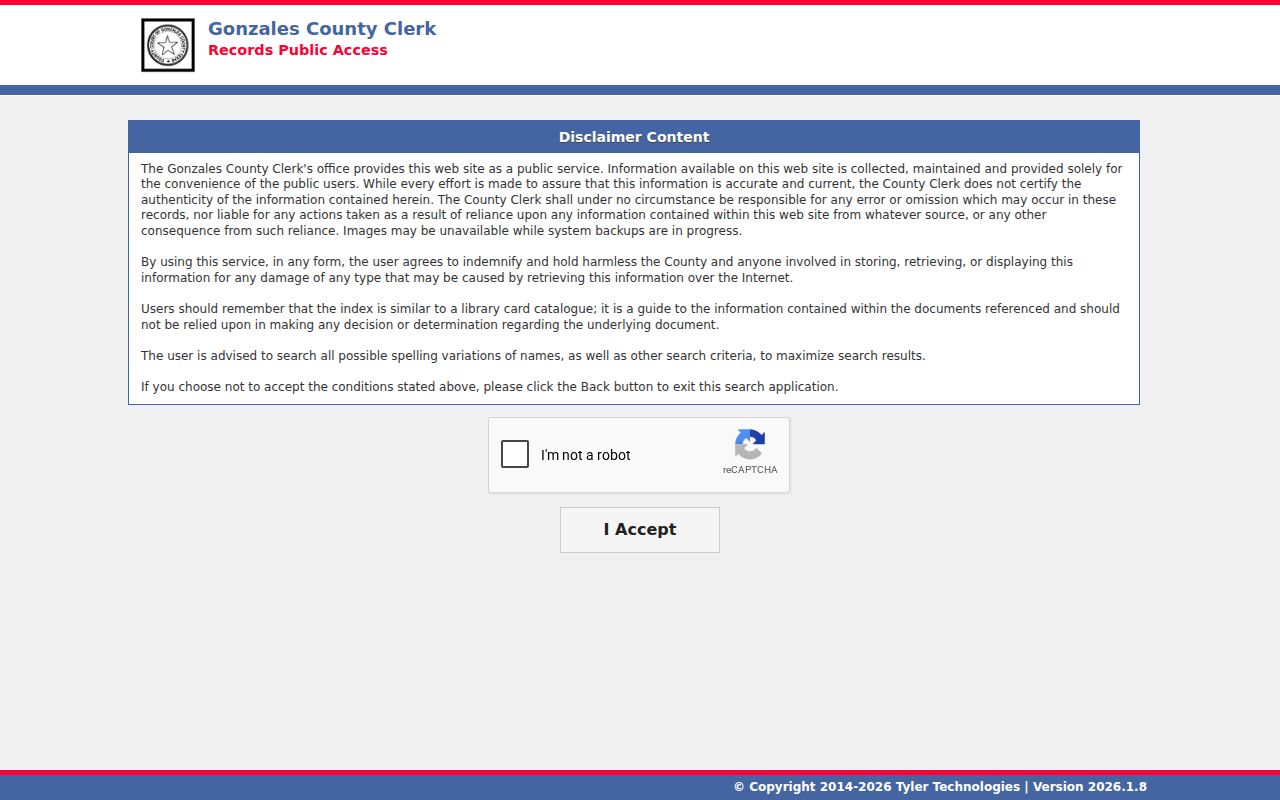 Gonzales County TylerHost public records disclaimer