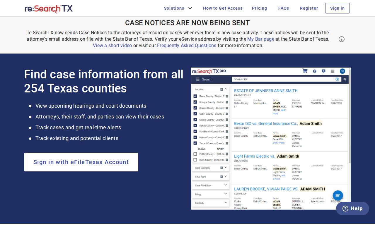 re:SearchTX statewide court record repository landing page