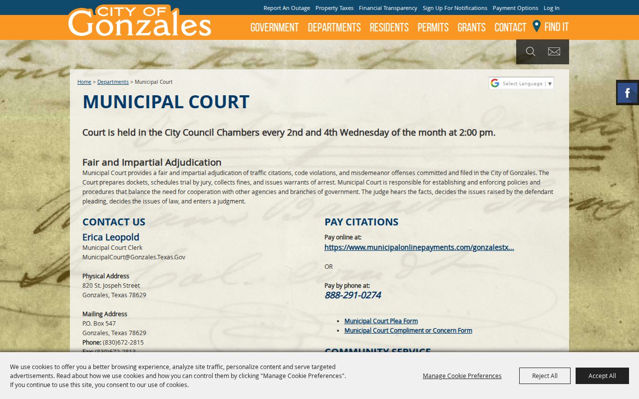 Gonzales court records on the official municipal court page